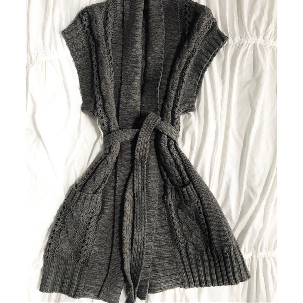 Gray Belted Duster Cardigan Sweater